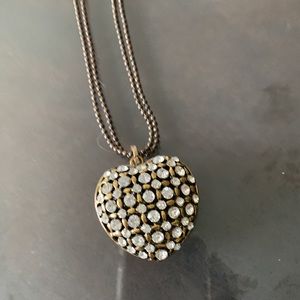 3D brass and rhinestone heart necklace with long brass chain